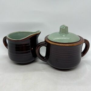 Vintage Red Wing Village Green Sugar Bowl & Creamer Set